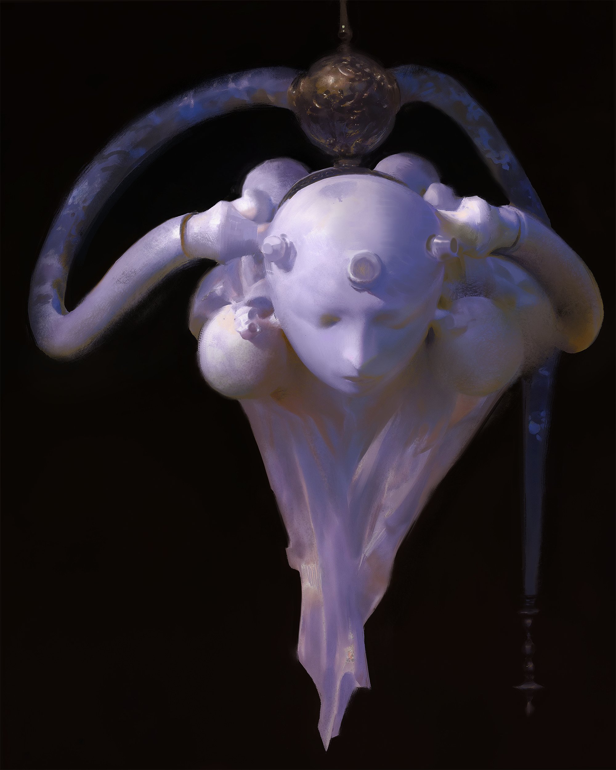 this image is a digitally painted sculpture, and it's very surreal and intricate. the figure is of a humanoid figure, but it's abstract and  has features that make it alienlike. it's white, with a smooth, textured finish. the head is elongated and appears to have been made from glass. it's also adorned with gold and silver details. the figure has glowing eyes and a detailed face, with an intricate design that suggests a magical or mystical element. the figure is hanging from a glass and metal structure and appears to be floating against a dark background.