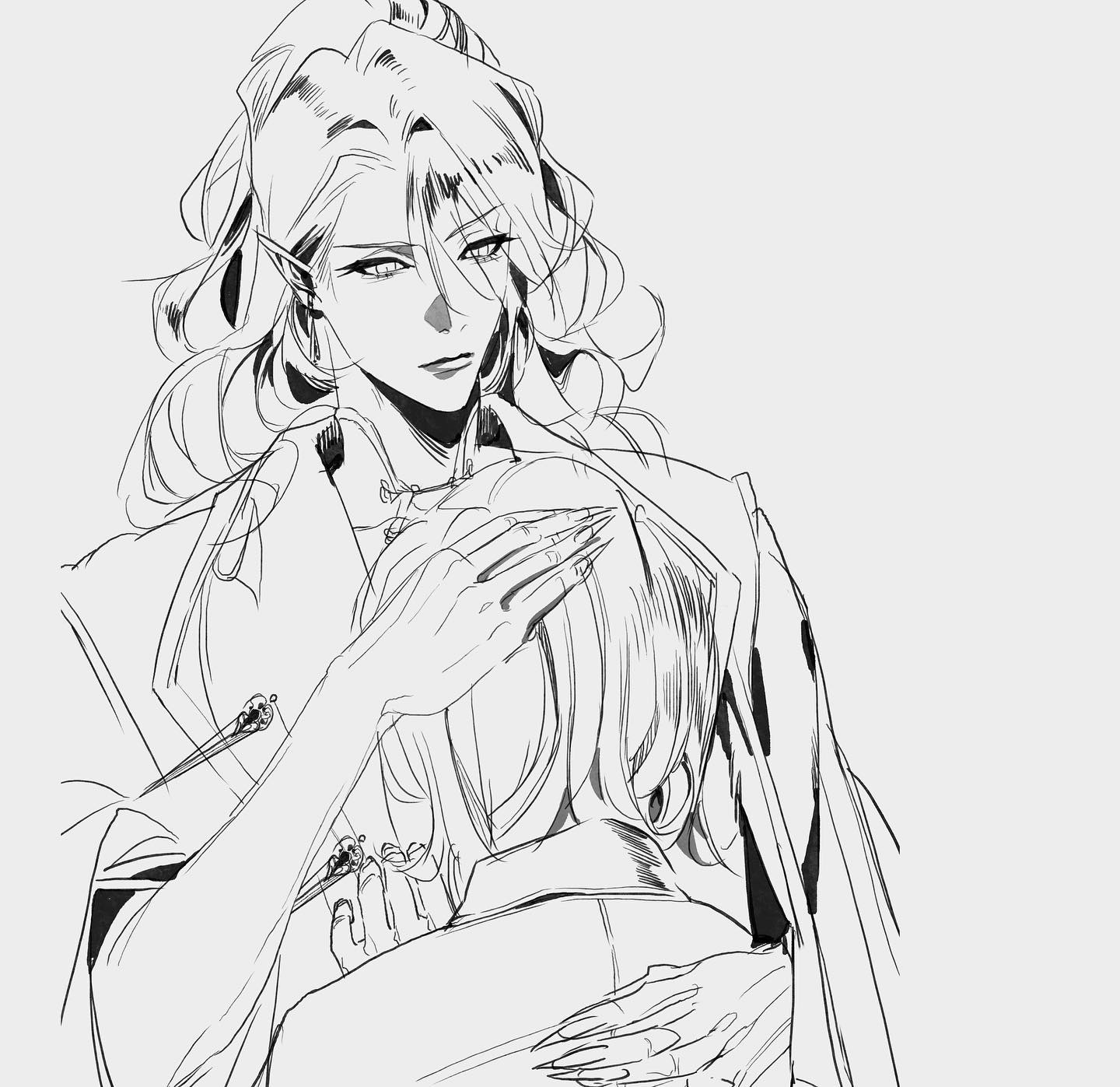 a black and white sketch of two anime characters, a man and a woman, in a tender embrace. the man has long, flowing hair and is looking down at the woman with a concerned expression. he has his hand gently resting on her head, while the woman has her arms wrapped around him. they are both dressed in simple clothing, and the drawing is done in a loose, expressive style. the image suggests a deep bond between the two characters and a sense of comfort and support.