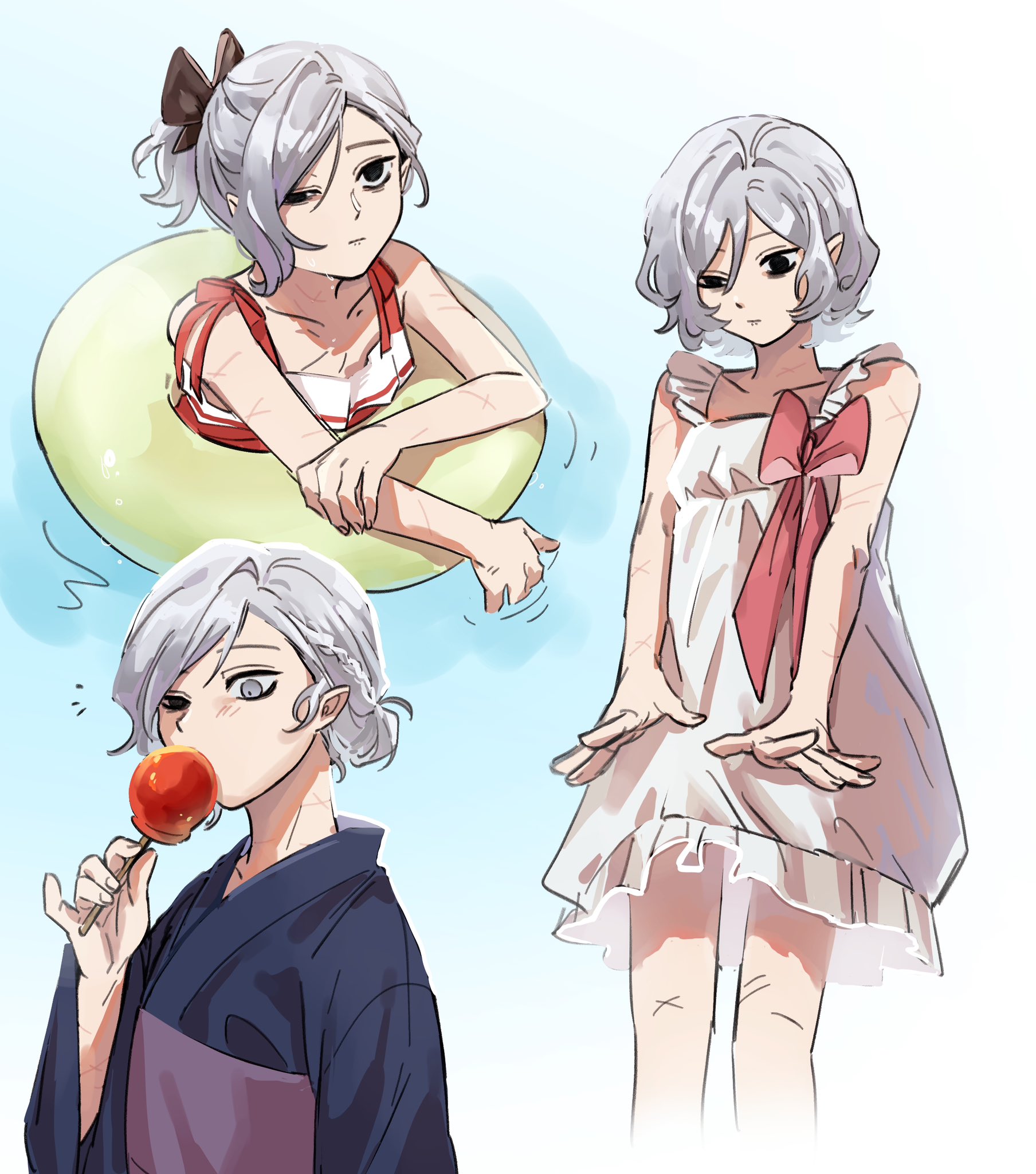 he image contains three different illustrations of the same animestyle female character with white hair. the first illustration shows her in a swimsuit and floatie in a pool, the second in a white dress, and the third in a dark yukata eating a candy apple. each illustration has a slightly different expression and pose, showcasing the versatility of the character design. the style is soft and delicate with light shading and pastel tones. the character's scars are subtly visible in each illustration, suggesting a backstory.