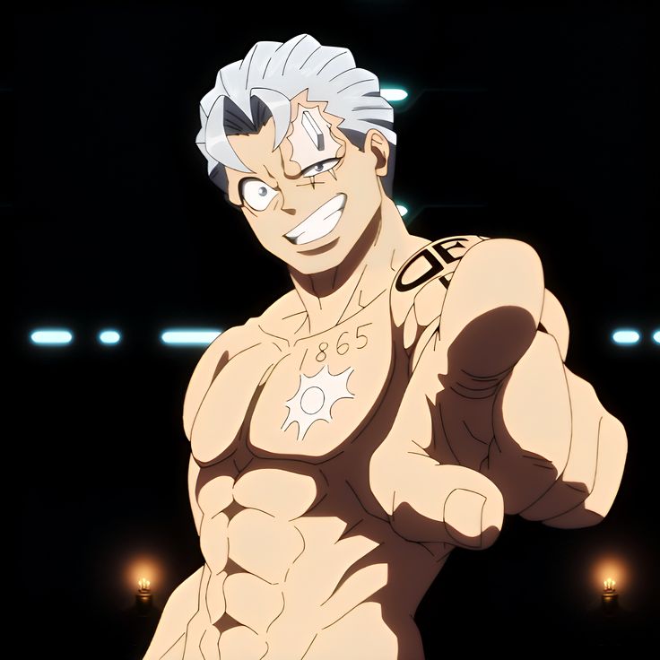 a muscular anime man with gray hair and a scar over his left eye stands confidently on a dark stage, illuminated by spotlights. he's shirtless, revealing a toned physique and several tattoos, including the number "865" on his right pectoral. he points directly at the viewer with a smug grin on his face. the background is minimal, with only faint blue lights and two candle sconces visible.