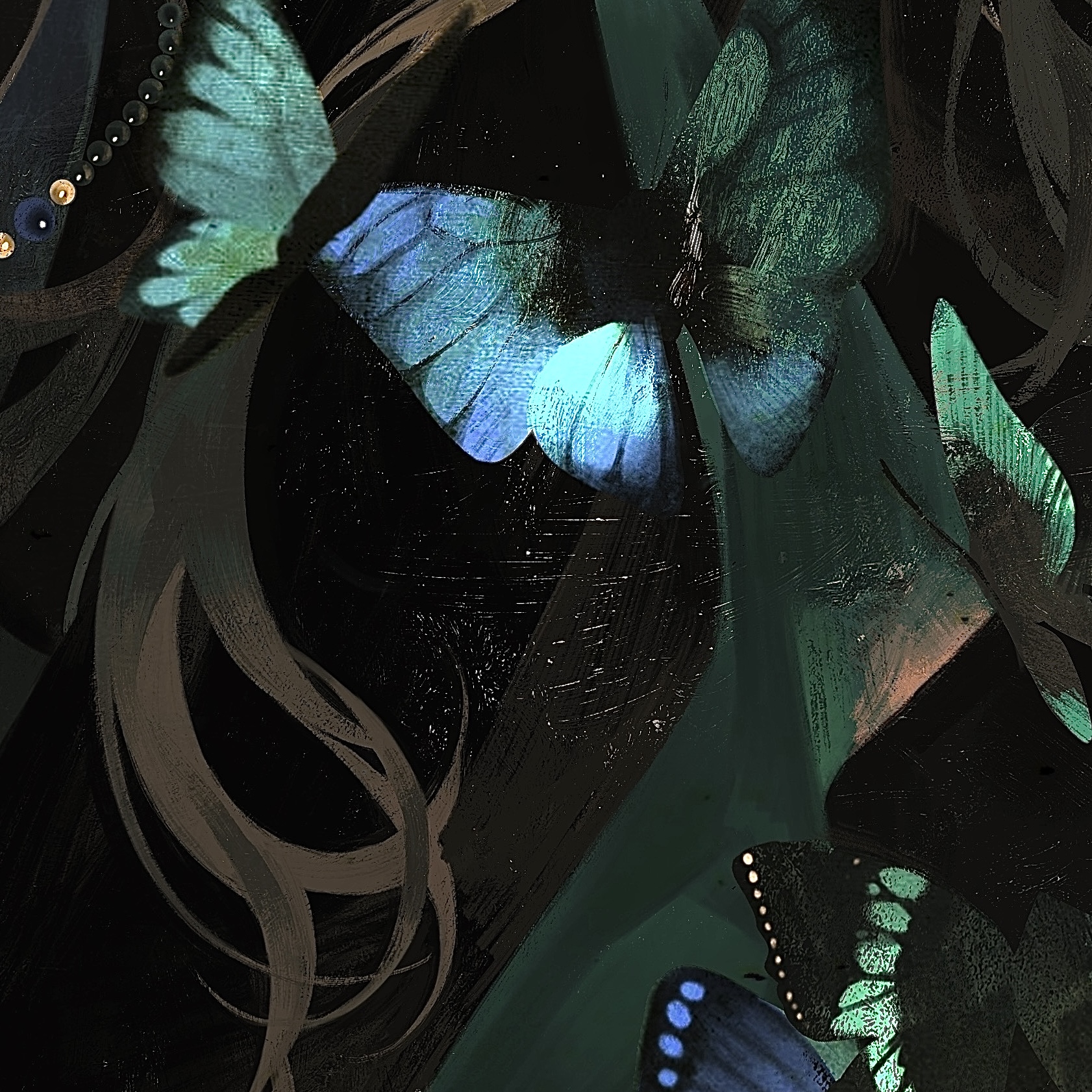 a surreal painting of a butterfly with blue and green wings. the butterfly is surrounded by dark, abstract brushstrokes, creating a sense of mystery and beauty. the wings are delicate and fragile, and the colors are vibrant and colorful. the painting is dreamlike and mystical, and it evokes a sense of wonder and awe.