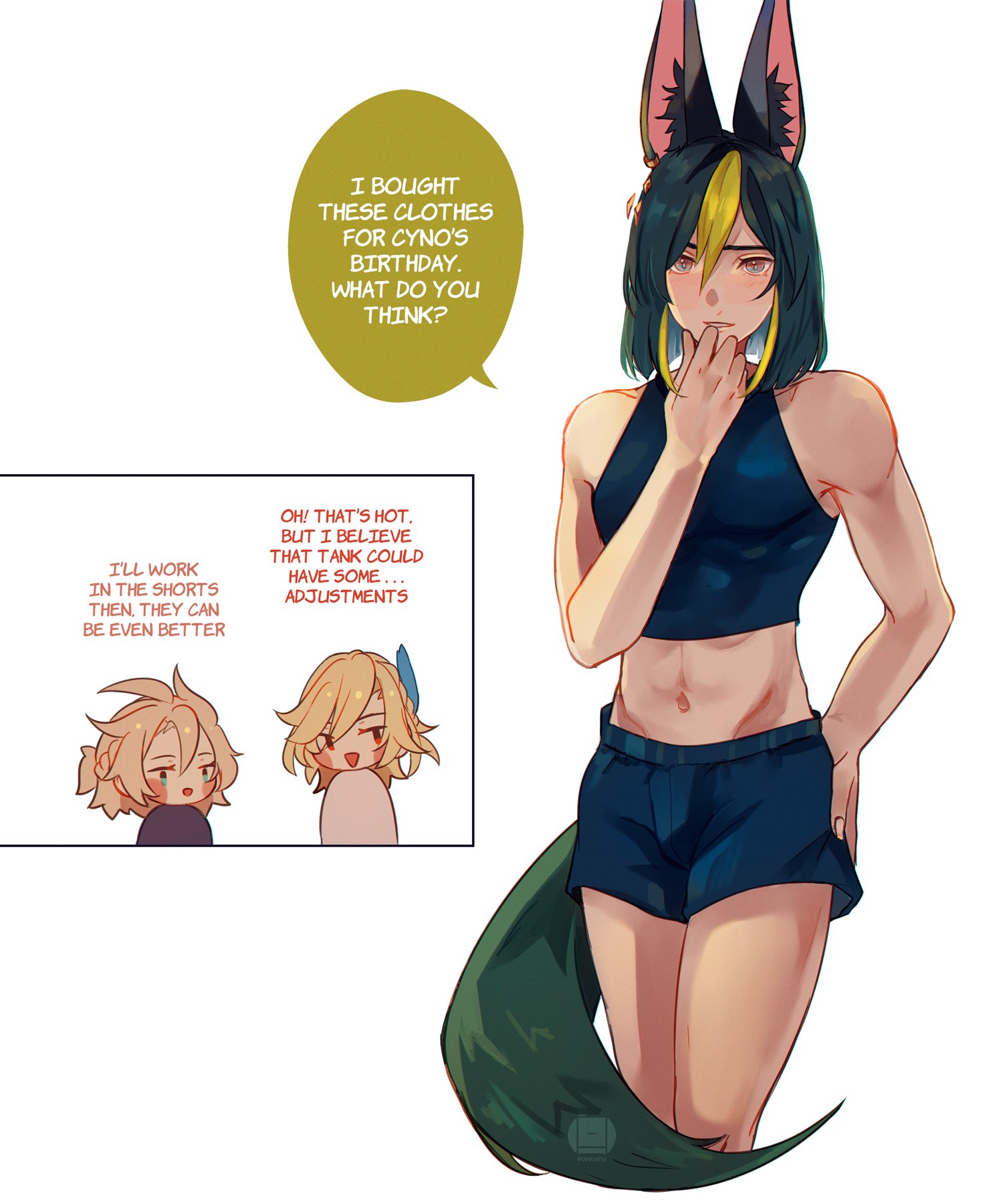 this is a digital illustration of a character from the game genshin impact, cyno, wearing a blue tank top and shorts. they are holding their hand under their chin as they consider what the person in the speech bubble said about their outfit. two other characters are shown in a speech bubble in the bottom left corner, with one of them thinking that the outfit is hot.
