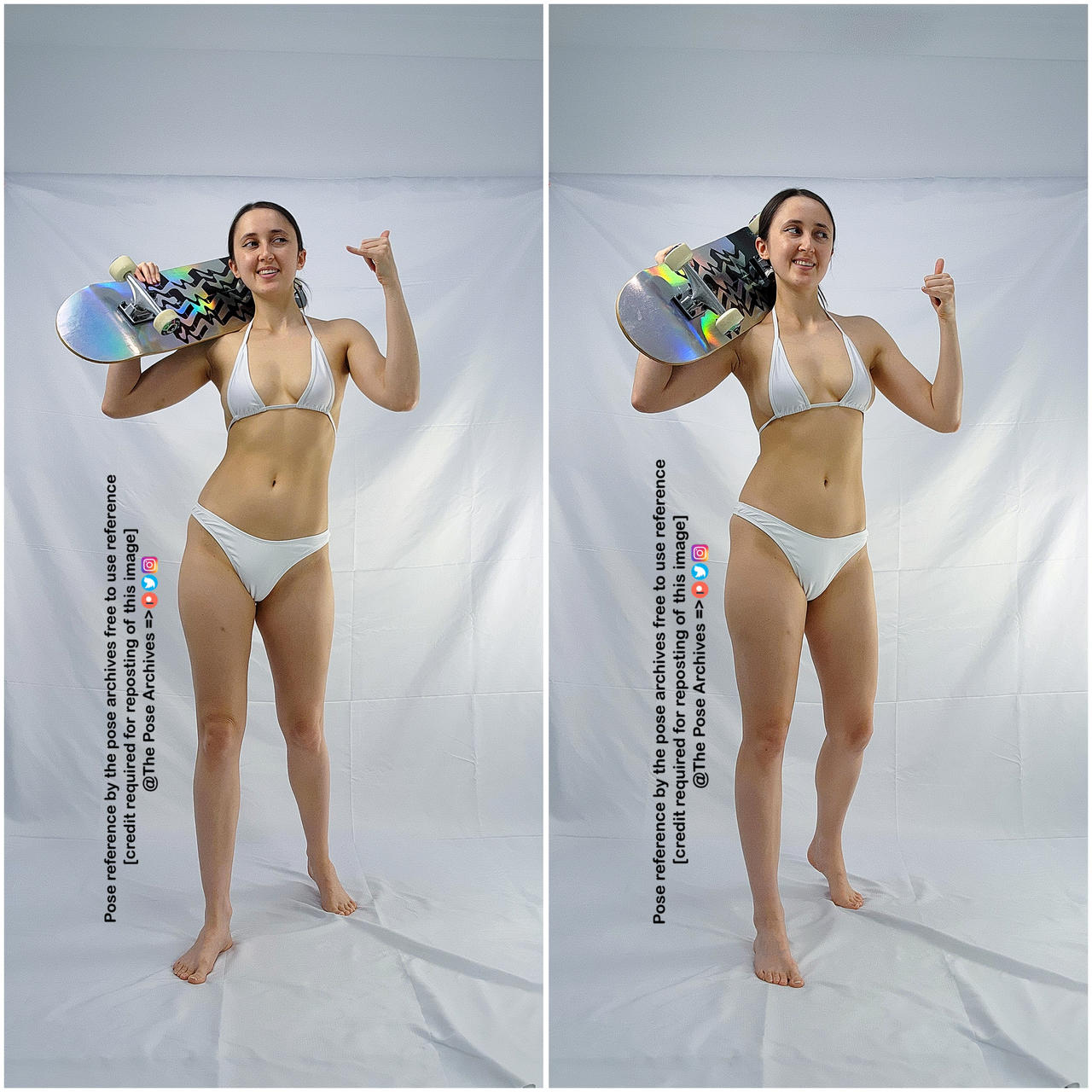 a woman in a white bikini is holding a skateboard and giving a thumbs up. she is standing in front of a white background. the image is a pose reference.