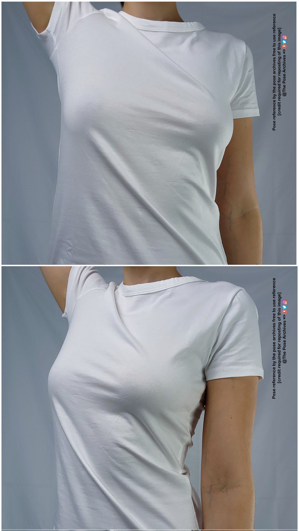 the image shows a woman modeling a plain white tshirt in two different poses. the background is a solid light gray, and the lighting is soft and even, highlighting the fit and drape of the shirt. the images appear to be intended as pose references for artists.