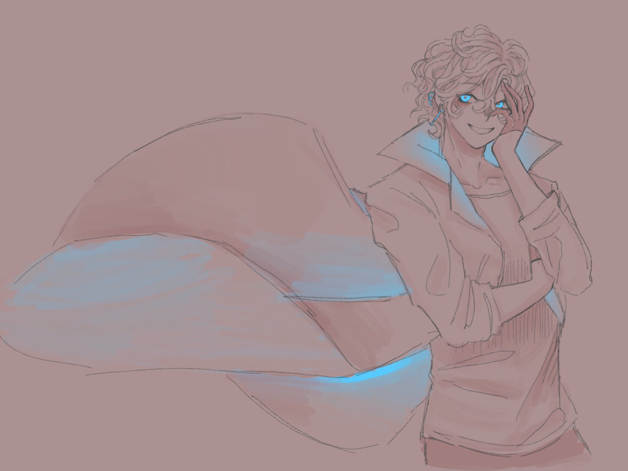 a digital sketch of an anime/manga male character with blonde hair. he is looking at the viewer with a smirk, his eyes are bright blue, and he is wearing a jacket and shirt. the background is a pale pink. there are some blue light trails coming from behind the character, as though they were left from some form of magic or power.