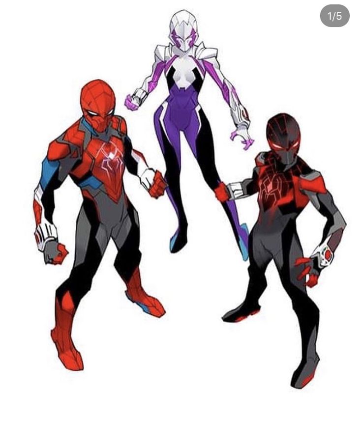 the image is an illustration of three spiderman characters from the marvel universe. on the left, a classiclooking spiderman with a red and black suit with a white spider symbol on the chest. in the center, spidergwen in her white and purple suit. on the right, a black and red spiderman wearing the suit that looks similar to the venom suit. the characters are all wearing masks, gloves, and boots. the background of the image is white.