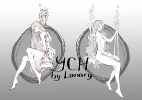 this is a black and white line art illustration of two women in a dreamy, ethereal style.  both women are depicted with long flowing hair and delicate features, reminiscent of fairies or goddesses.  the woman on the left is sitting on a swing, and the woman on the right is standing. the image is framed by a simple background of a  floral design, adding to its ethereal and whimsical feel. the word "ych" is written in a bold, stylized font, suggesting that this illustration is available for purchase as a commission.