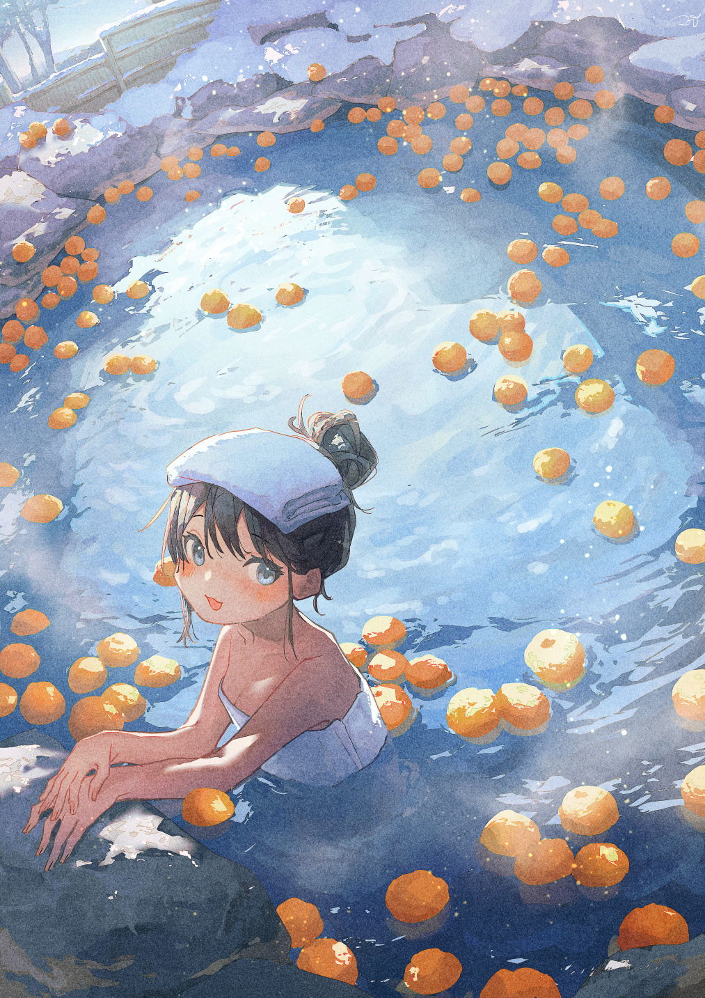 the illustration is a watercolorstyle anime artwork depicting a young girl with dark hair, pulled back in a bun, enjoying a relaxing bath in a hot spring.  she wears a lightcolored towel on her head and a simple white garment. the hot spring is filled with numerous floating oranges or mandarin oranges, creating a vibrant and unique atmosphere.  the background suggests a winter setting with snow visible near the edges of the bath. the overall style is soft, peaceful, and evocative of a traditional japanese onsen experience. the color palette is predominantly blues, whites, and the oranges of the fruit, creating a calm and tranquil scene.