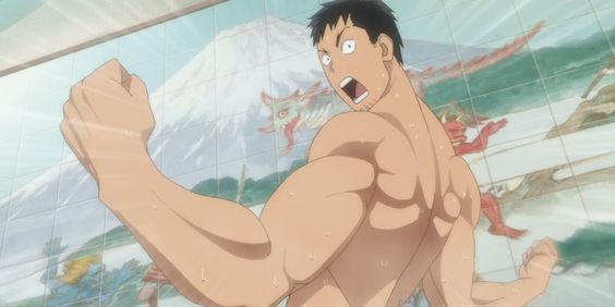 a surprised and muscular anime man with short black hair is shown from the side, flexing and looking over his shoulder in shock. he is showering in a bathroom with a painted mural of mount fuji on the wall behind him.