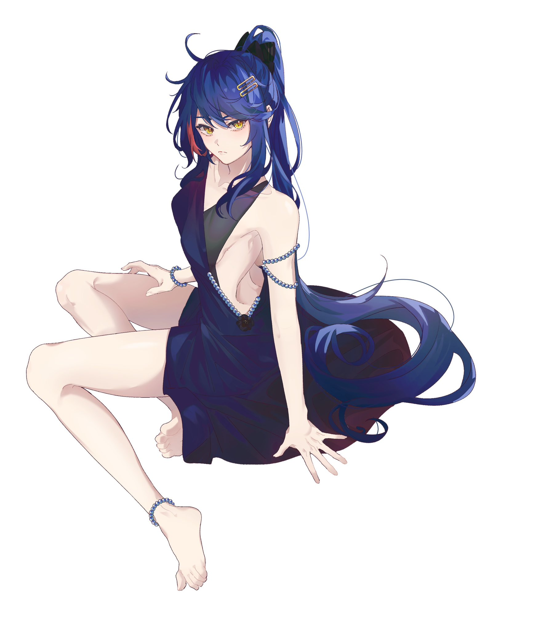 a female anime character with long blue hair, tied in a high ponytail with golden clips, sits gracefully. she is wearing a dark blue dress with thin straps, adorned with pearllike accessories on her arm and ankle. the background is plain white, emphasizing the character and creating a clean and bright aesthetic. the soft lighting enhances the character's features and the overall ethereal feel of the illustration.