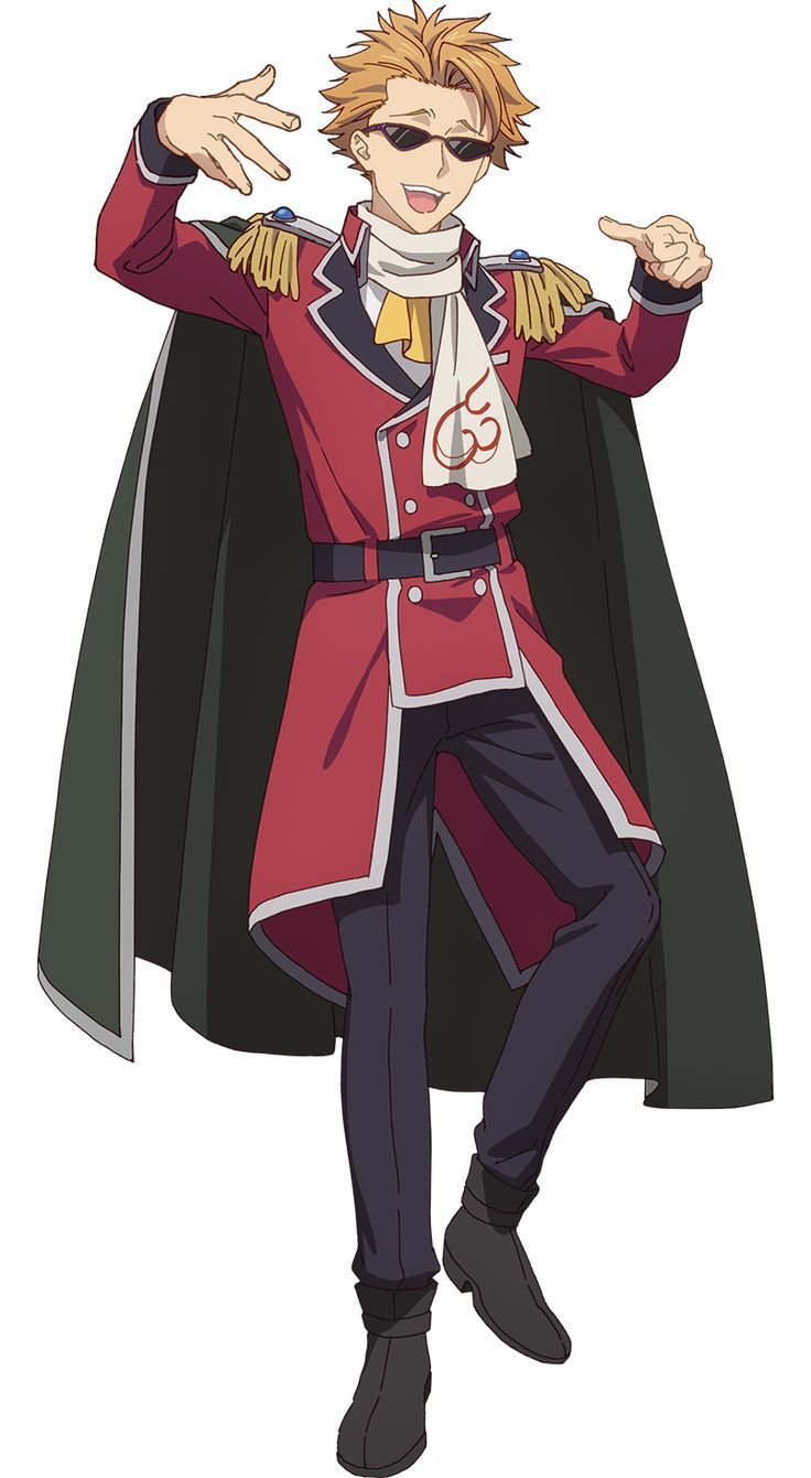 the image is a depiction of an anime male character with blonde hair,  he is wearing a red jacket with a green cape, black pants, and a white scarf. he is smiling and has sunglasses on.