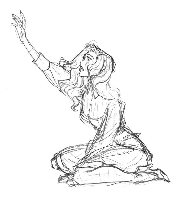 a black and white sketch of a woman sitting with her hand reaching out. the woman is drawn in a graceful pose, with her long hair flowing around her. she is wearing a dress with a skirt. the sketch is done in pencil and has a very elegant and delicate feel.