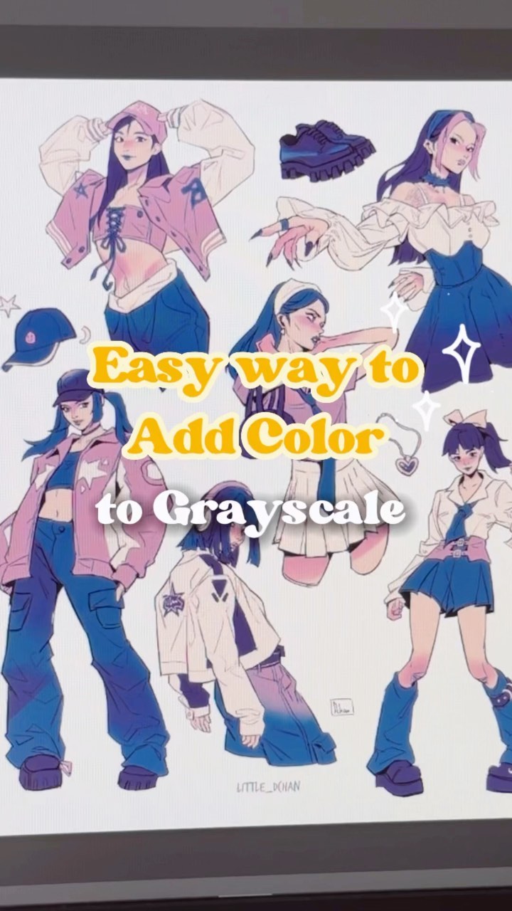 he image showcases a tutorial on how to easily add color to a grayscale digital illustration. the tutorial features several animestyle female characters in various poses, each dressed in trendy, pastelcolored clothing. the characters are arranged in a way that guides the viewer through the colorization process.  the style is vibrant yet soft, with a focus on pastel shades of purple, blue, and pink. the text overlay clearly indicates the tutorial's purpose: to provide an easy method for adding color to grayscale images.  the overall aesthetic is trendy and aesthetically pleasing.