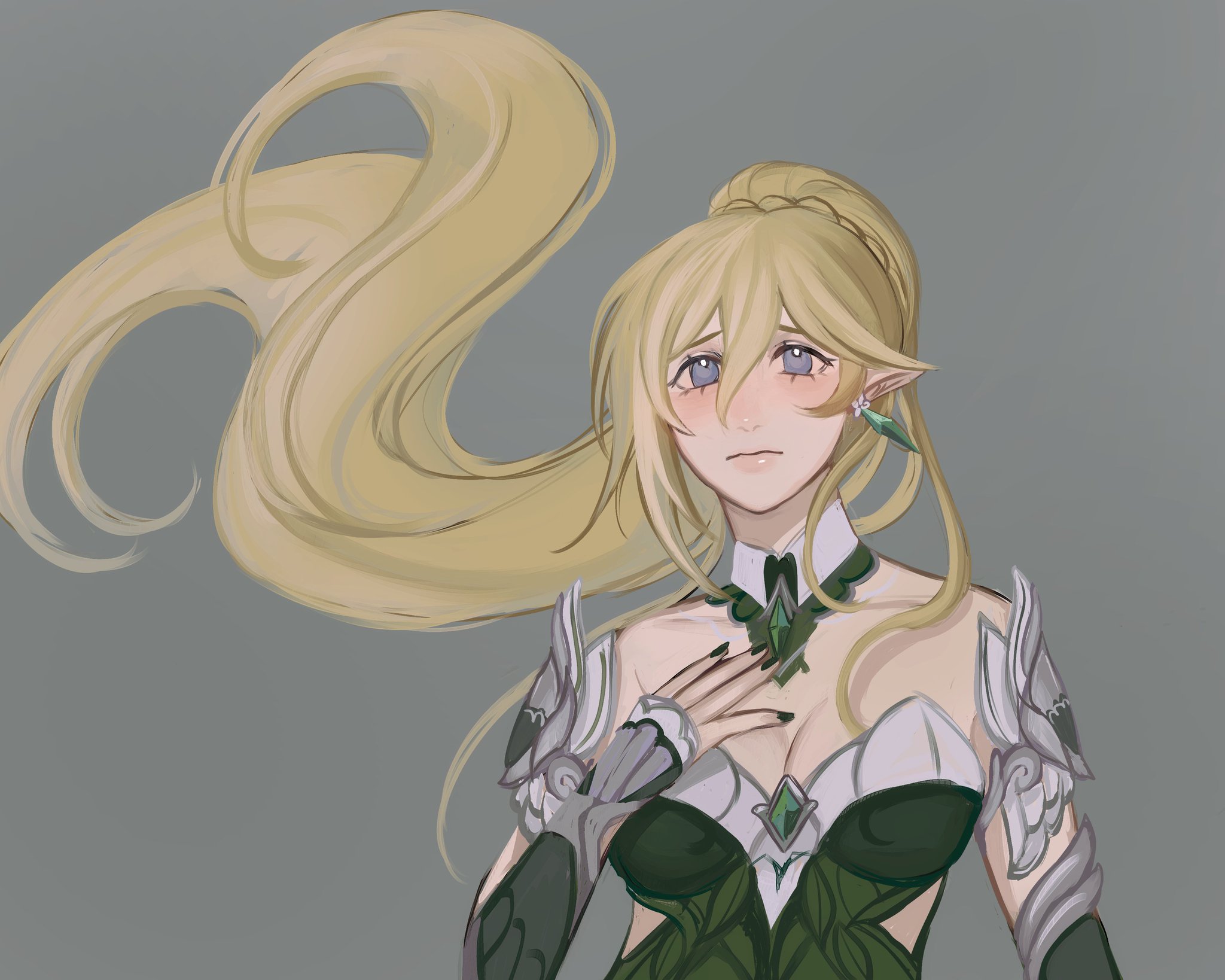 a beautiful blonde anime girl dressed in a white and green dress with silver armor. her long, blonde hair is pulled back in a ponytail and she has a sad, disappointed, or worried expression.