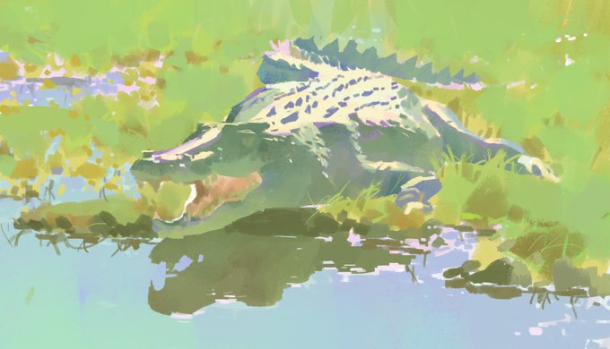 an impressionistic painting of a crocodile resting on the bank of a swamp. the crocodile is painted in shades of green and brown, and its reflection is visible in the water. the background of the painting is a lush green, with hints of blue and yellow.