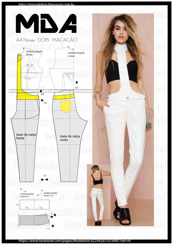 the image shows a white jumpsuit on a model, along with its sewing pattern technical drawing. the jumpsuit has a black top and a white bottom with suspenders, while the sewing pattern shows the different parts of the garment and their measurements. there are url watermarks at the top and bottom.
