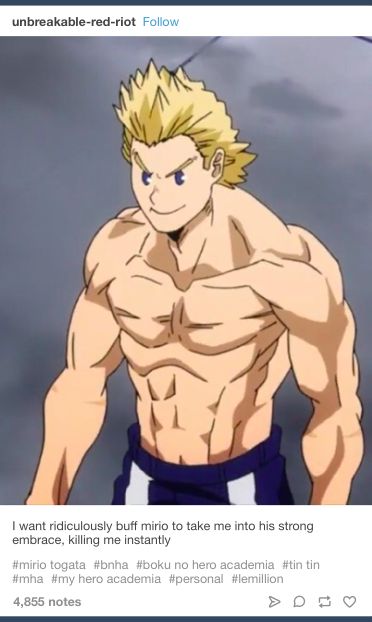 the image features a drawing of mirio togata from my hero academia. he is depicted with a muscular physique and a confident expression. the text below the image indicates a fan's desire for mirio's strong embrace. the hashtags further indicate the image's connection to the my hero academia fandom.