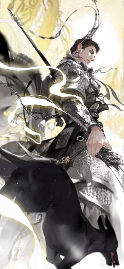 the image depicts a male warrior with a stern expression, clad in intricate silver armor, wielding a sword strapped to his back. a loyal black dog accompanies him, gazing upward. the scene is bathed in ethereal, bright light, emphasizing the warrior's imposing presence. the overall style draws heavily from chinese fantasy art, hinting at themes of wuxia or xianxia with its dynamic composition and mystical undertones. the low angle perspective further emphasizes the warrior's power and dominance within the scene.