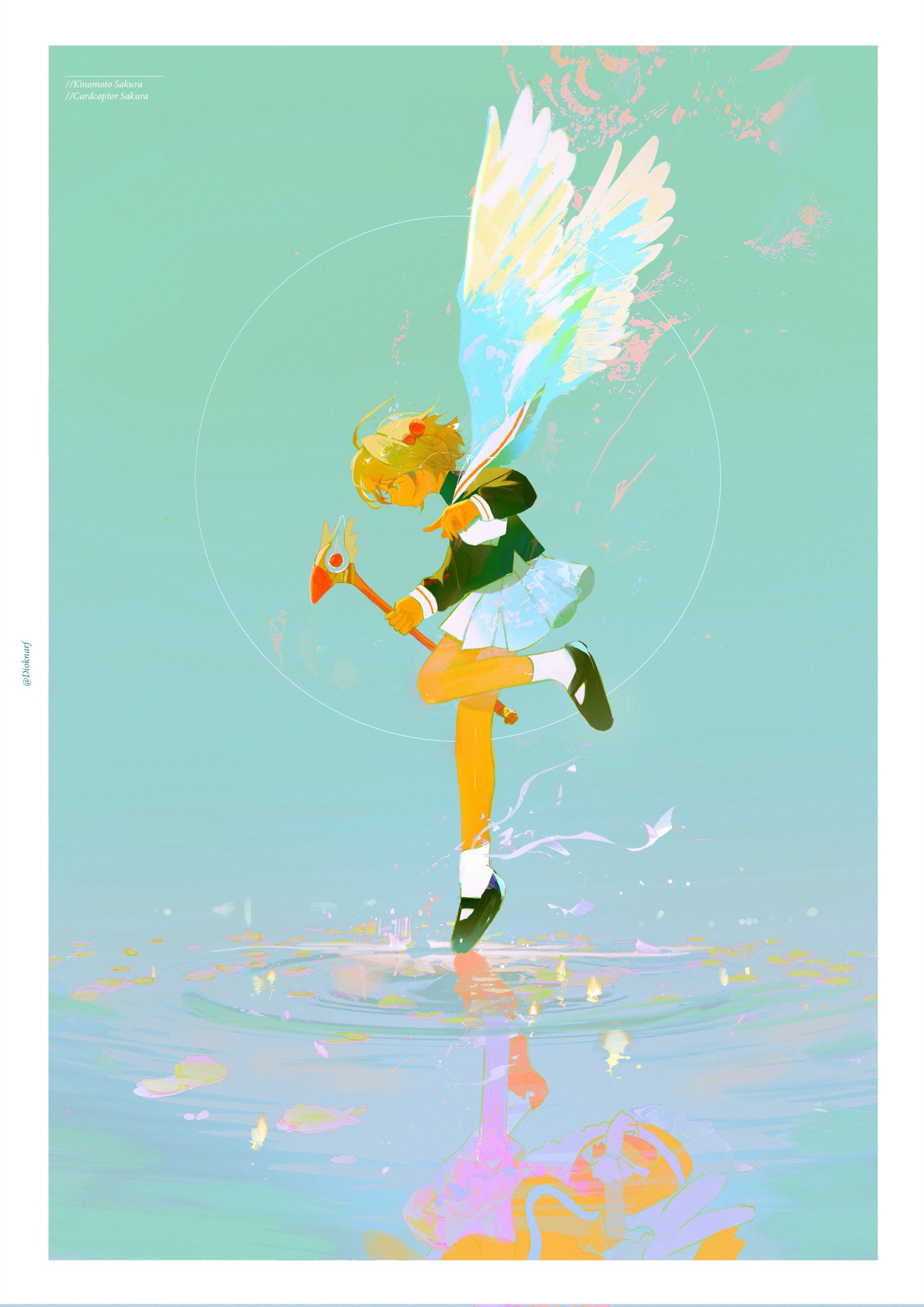 the image showcases a young, animestyle girl, possibly a magical girl, gracefully posed on a water surface. she has blonde hair and wears a green and white school uniform with angellike wings unfurled behind her. in her hand, she holds a wand emitting a soft glow. her reflection shimmers on the water's surface. the background is a serene gradient of light blue, evoking a sense of airiness and magic.  the overall aesthetic is soft, dreamlike, and whimsical.