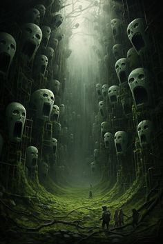 a dark and spooky forest filled with skeletal faces and decaying vegetation.  a narrow path runs through the middle of the image toward a bright opening.  the skeletal faces are arranged in a random pattern and seem to surround the path.  the forest is dark and dense, with the trees overgrown with vines and leaves.  a few faint figures are visible in the distance walking towards the opening.  this image gives off a creepy, eerie and haunting feeling.