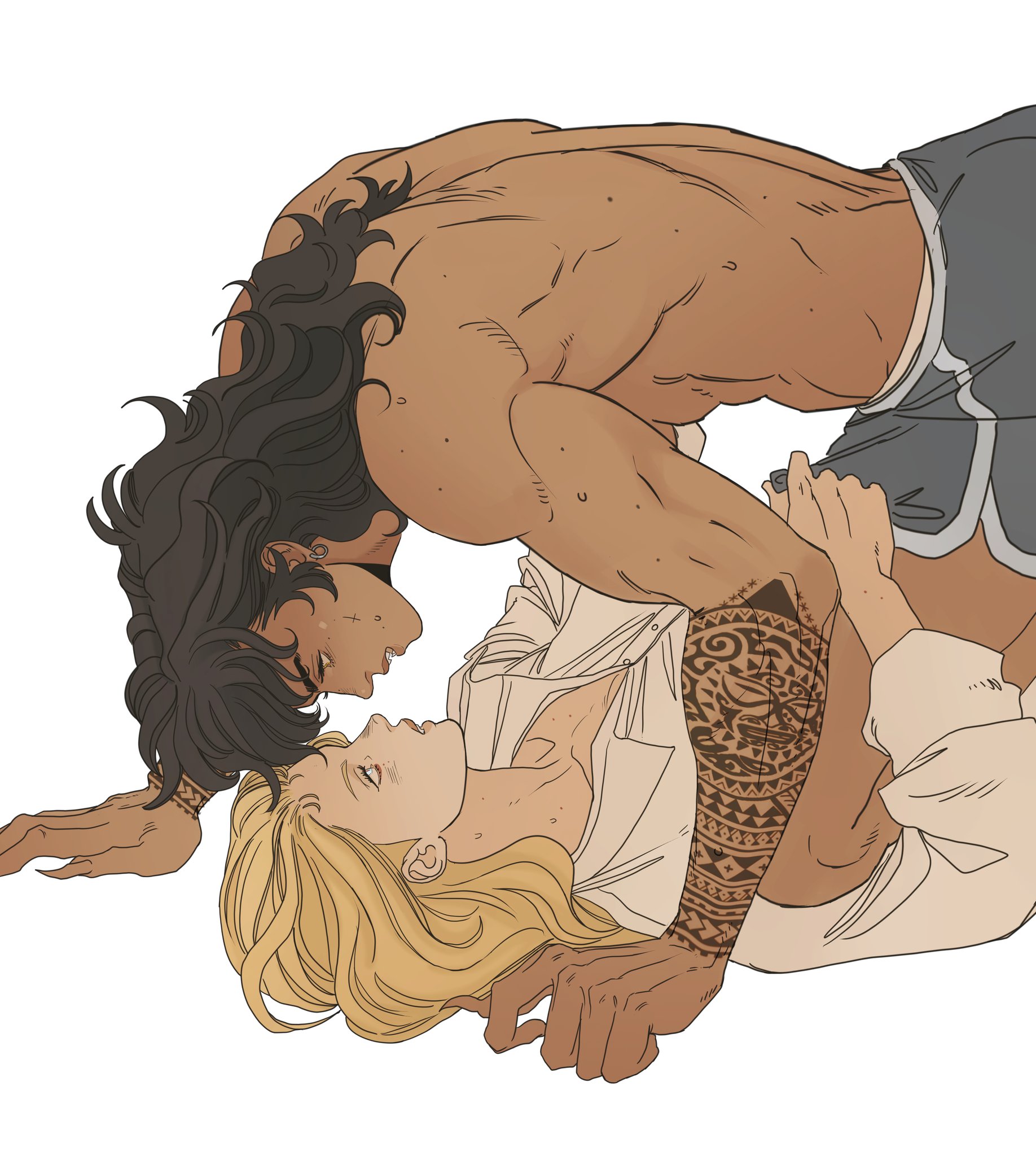 an illustration of two men in an embrace, appearing to be kissing. one man has dark hair, is shirtless, and wearing shorts. he has a dark skin tone and tribal tattoo on his arm. the other man has blonde hair, a lighter skin tone, and is wearing an open shirt.