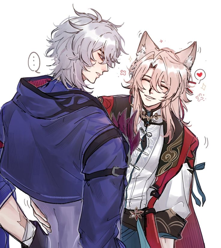 the image is a piece of animestyle fanart depicting two male characters, strongly suggesting a romantic relationship between them.  the style is soft and expressive, common in boys' love (bl) or yaoi fanart.  one character has long, flowing white hair and is wearing a dark blue/purple jacket. the other has long, light pink hair with fox ears and is dressed in a more ornate, reddishtoned outfit reminiscent of east asian clothing (possibly a kimono or hanfu).  the pinkhaired character is visibly blushing and leaning towards the whitehaired one, who has his arm around him in a warm embrace. the overall mood is romantic and affectionate. there are small, decorative elements in the background hinting at a romantic context. the art style is detailed and has a slightly painterly quality. many clues strongly suggest that these are fandrawn interpretations of kazuha and xiao from the popular game genshin impact.