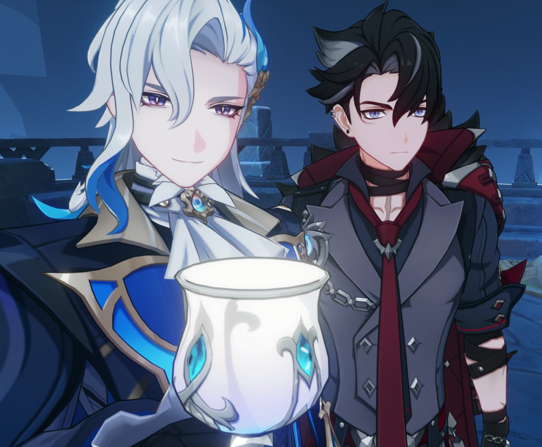 a closeup shot of two anime characters, albedo and scaramouche from the video game genshin impact. the scene features albedo holding a cup of tea while scaramouche stands behind him, both facing the viewer. albedo's white hair is styled in a long, flowing manner, while scaramouche's black hair has a distinctive spike on the side. albedo's attire consists of a dark blue and white outfit with ornate gold accents, while scaramouche wears a stylish gray suit with a dark red tie and a dark red and black cape. the background is a blurry image of a nighttime cityscape.