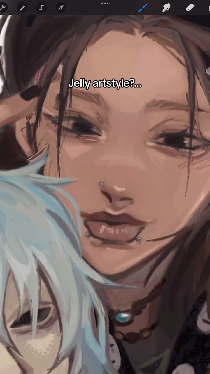 the image is a digital painting featuring a closeup portrait of two stylized female characters. the main focus is on a woman with long, dark hair, who has several piercings in her lips. her skin tone is pale, and her expression is somewhat neutral to slightly sultry. she is wearing a darkcolored choker with a teal stone. the other character, partially visible, has light blue hair, and only a portion of their face is shown. the art style is reminiscent of anime but has a unique, almost painterly feel, labeled as "jelly artstyle" in the image. the background shows a digital art interface, indicating the image is a work in progress or a screenshot of a digital painting process. the overall mood is mysterious and slightly edgy.