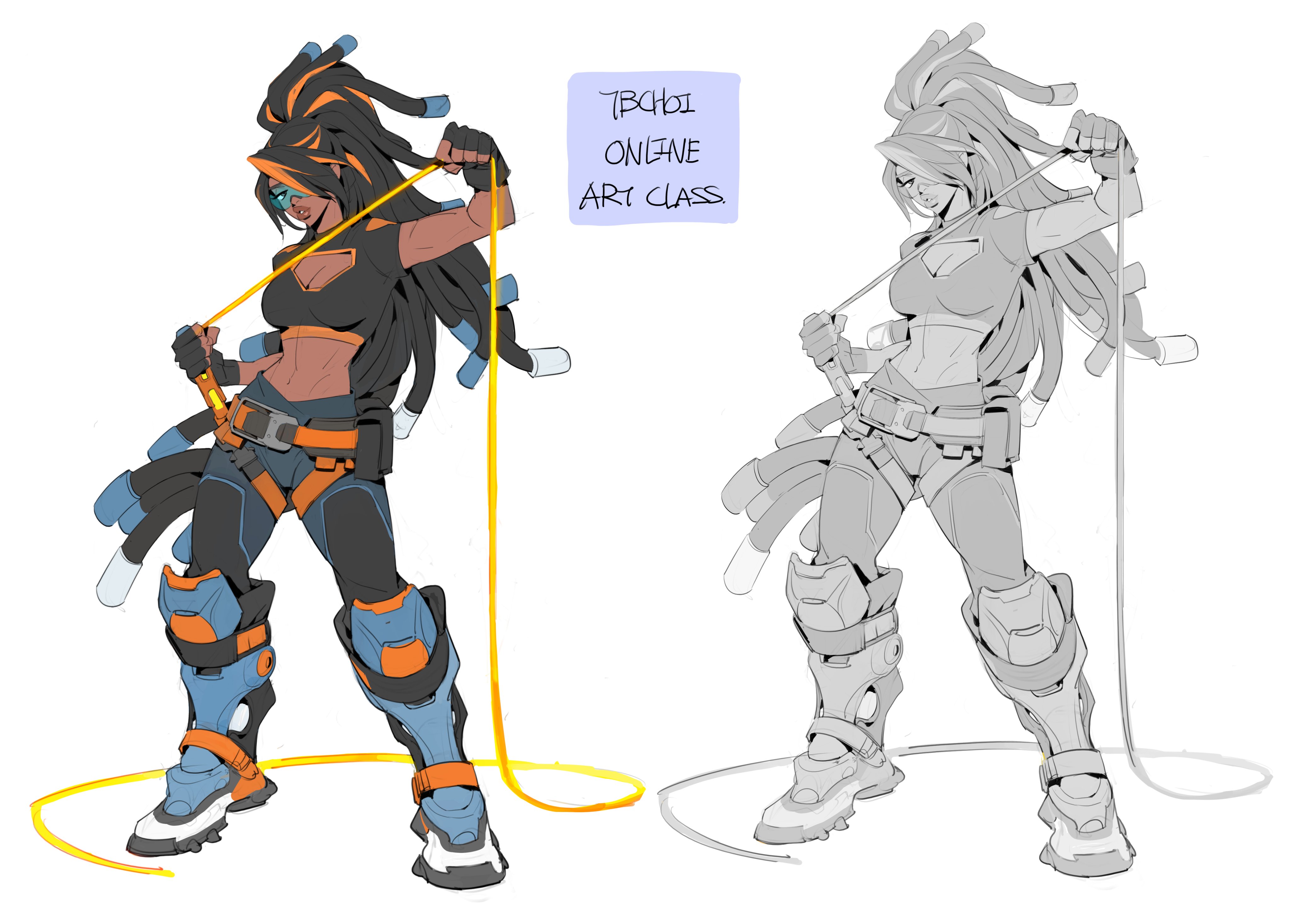 he image showcases a digital painting of a female character, possibly a warrior or a futuristic soldier, in two versions: a colored version and a grayscale line art sketch. the character has long dreadlocks, wears futuristic armor with orange and blue accents, and holds a long, thin, yellow/gold object that resembles a whip or rope. the colored version is more detailed and vibrant, while the grayscale version is a cleaner, simpler sketch. a text box in the upper middle section reads "tbchoi online art class," indicating the artwork's origin and purpose as an example for an online art class.  the art style is dynamic, with a focus on strong character design and a sense of action.