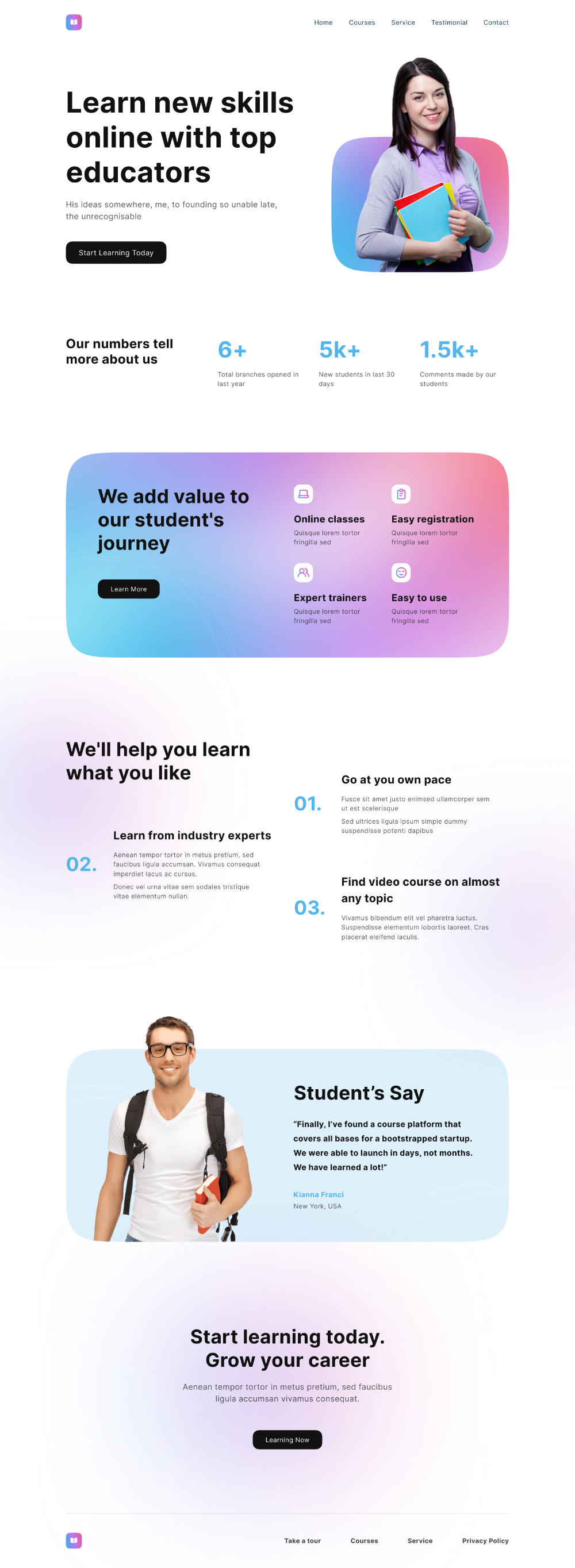 the image is a webpage screenshot of an online learning platform. it promotes the benefits of learning online with top educators. the webpage features a modern design with a vibrant color scheme and highlights key features like online classes, easy registration, expert instructors, and a variety of courses. the image also includes testimonials from satisfied students. the call to action encourages viewers to start learning today to grow their career.