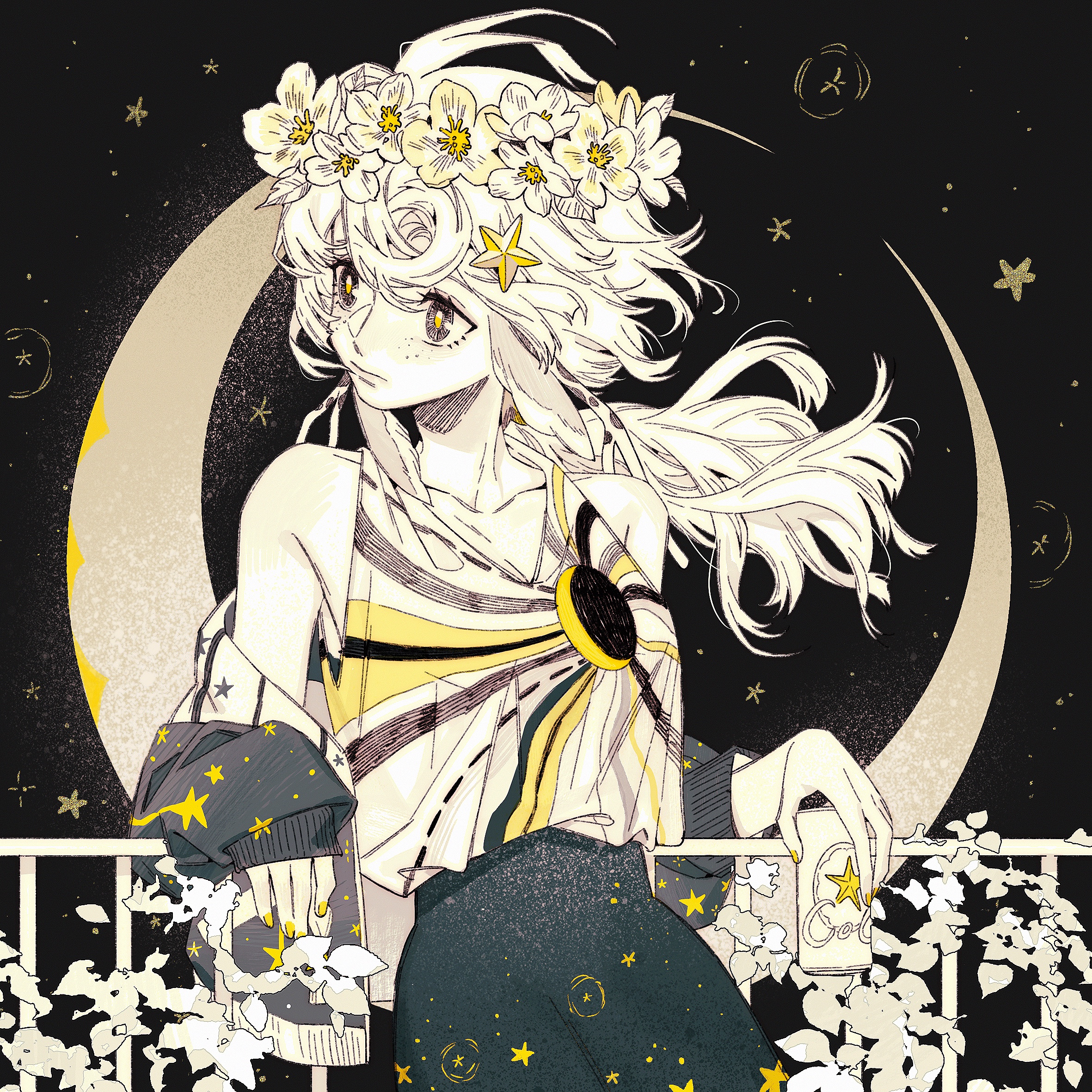a digital illustration of a young anime girl with long flowing blonde hair wearing a floral crown and a stylish patterned top. she is standing in front of a crescent moon and a starry sky, looking to her left, with a whimsical and charming expression.