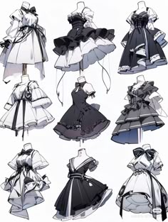 the image shows nine sketches of different girl's outfits. the drawings are all done in a simple, yet elegant style. each outfit features a unique combination of frills, ruffles, and bows.
