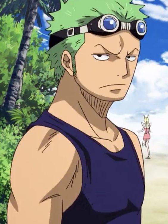 a closeup shot of zoro from the anime one piece. he is standing on a beach and looking off to the side with a serious expression. he is wearing a blue sleeveless shirt and goggles. there is a young woman in the background, partially visible, wearing a pink outfit and looking in a different direction.