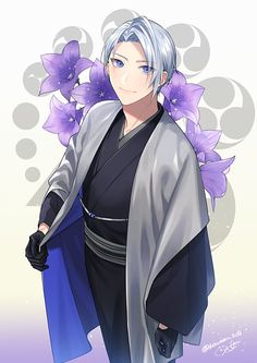 the image features a handsome anime male character with white hair and blue eyes. he is dressed in a traditional japanese kimono, which is mostly black with a white overlay. he is wearing black gloves and has a blue sash tied around his waist.  the background features purple flowers and a swirl pattern. the character is looking directly at the viewer with a slight smile. the image is drawn in a stylized anime art style.