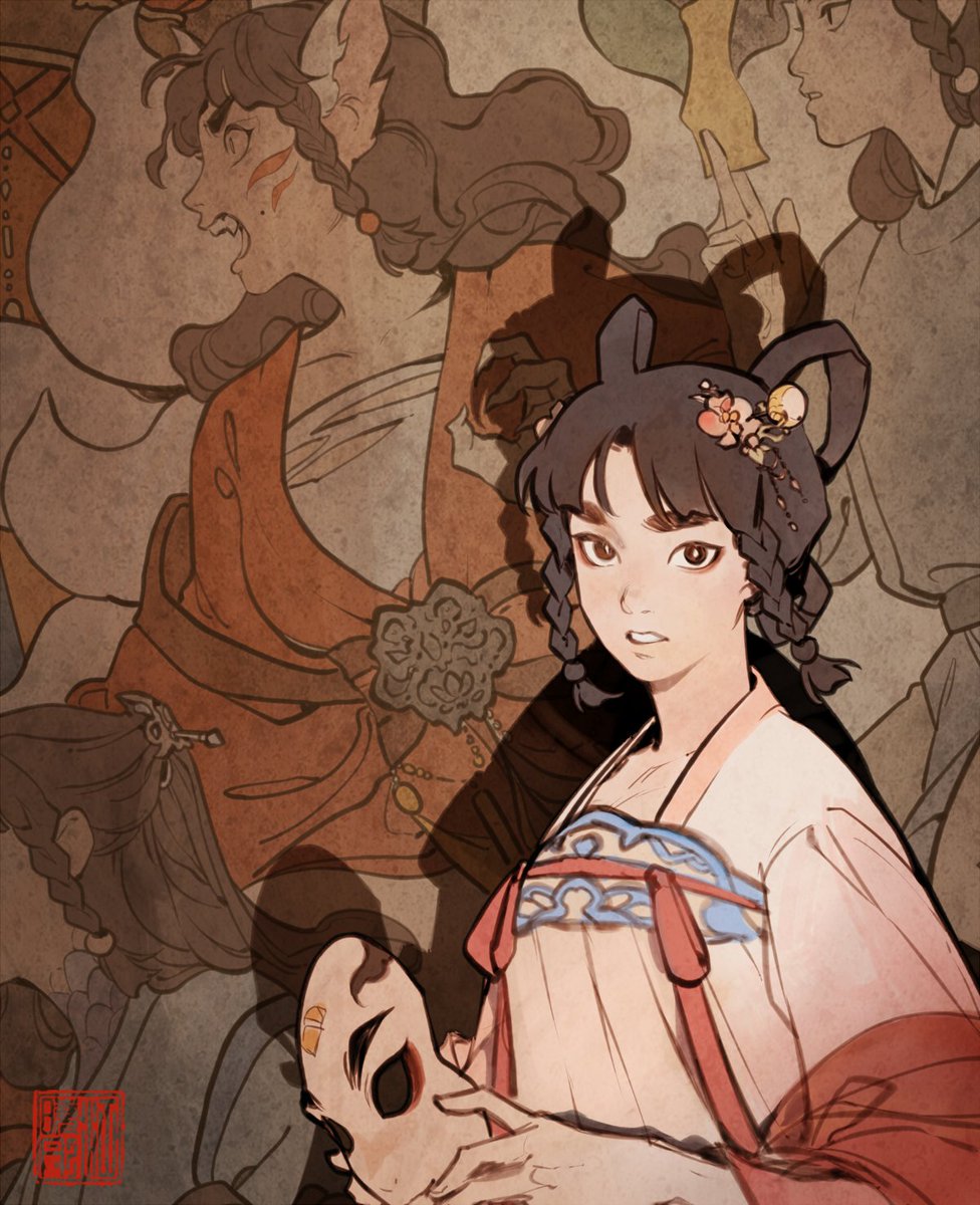the image is an illustration featuring a young woman in traditional east asian clothing, possibly a kimono, holding a mask. she has dark hair styled in braids and adorned with flowers, and appears to have animal ears (possibly rabbit or cat). the background contains more images of women in similar clothing and with animal features. the lighting creates interesting shadows across the image.