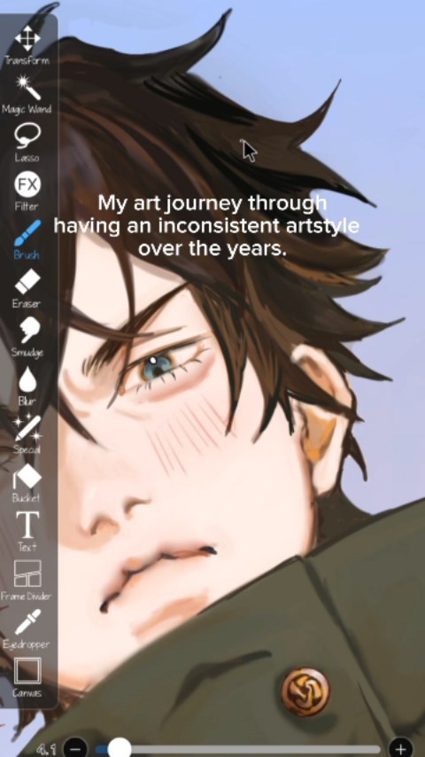 the image shows a closeup digital painting of a young man's face and shoulder, styled in a manner reminiscent of anime or manga. the art style is slightly rough and painterly, showing visible brushstrokes. the character has dark hair, expressive eyes, and is wearing a dark green jacket with a small circular badge. an overlaid text states, "my art journey through having an inconsistent artstyle over the years," suggesting the image is a selfportrait showing the artist's evolving style. a digital art application's interface is visible on the lefthand side of the image, featuring tools like brushes, erasers, and other editing options. the overall impression is one of artistic growth and exploration through a digital medium.