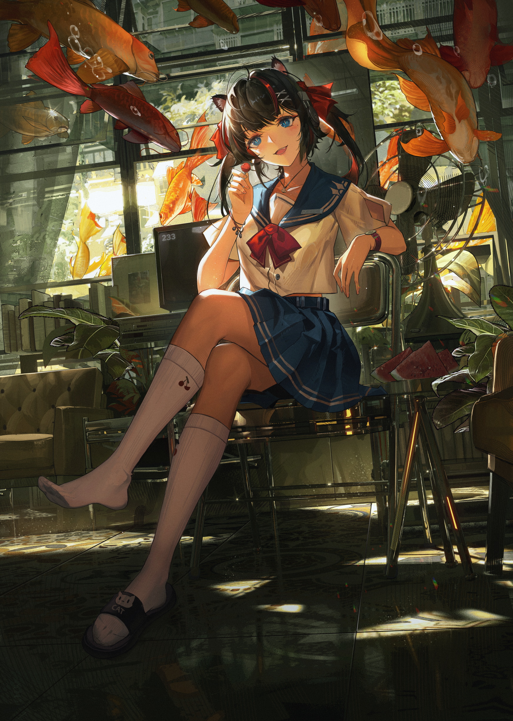 the image is a digital illustration of an anime girl. she's wearing a sailor school uniform with cat ears and a red bowtie. she's sitting on a chair in a room with a large window showing many goldfish. the room has a dark, moody atmosphere with sunlight streaming through the window. she's wearing kneehigh socks with a small cherry pattern and slippers. the overall style is detailed and evocative, creating a sense of atmosphere and mood.