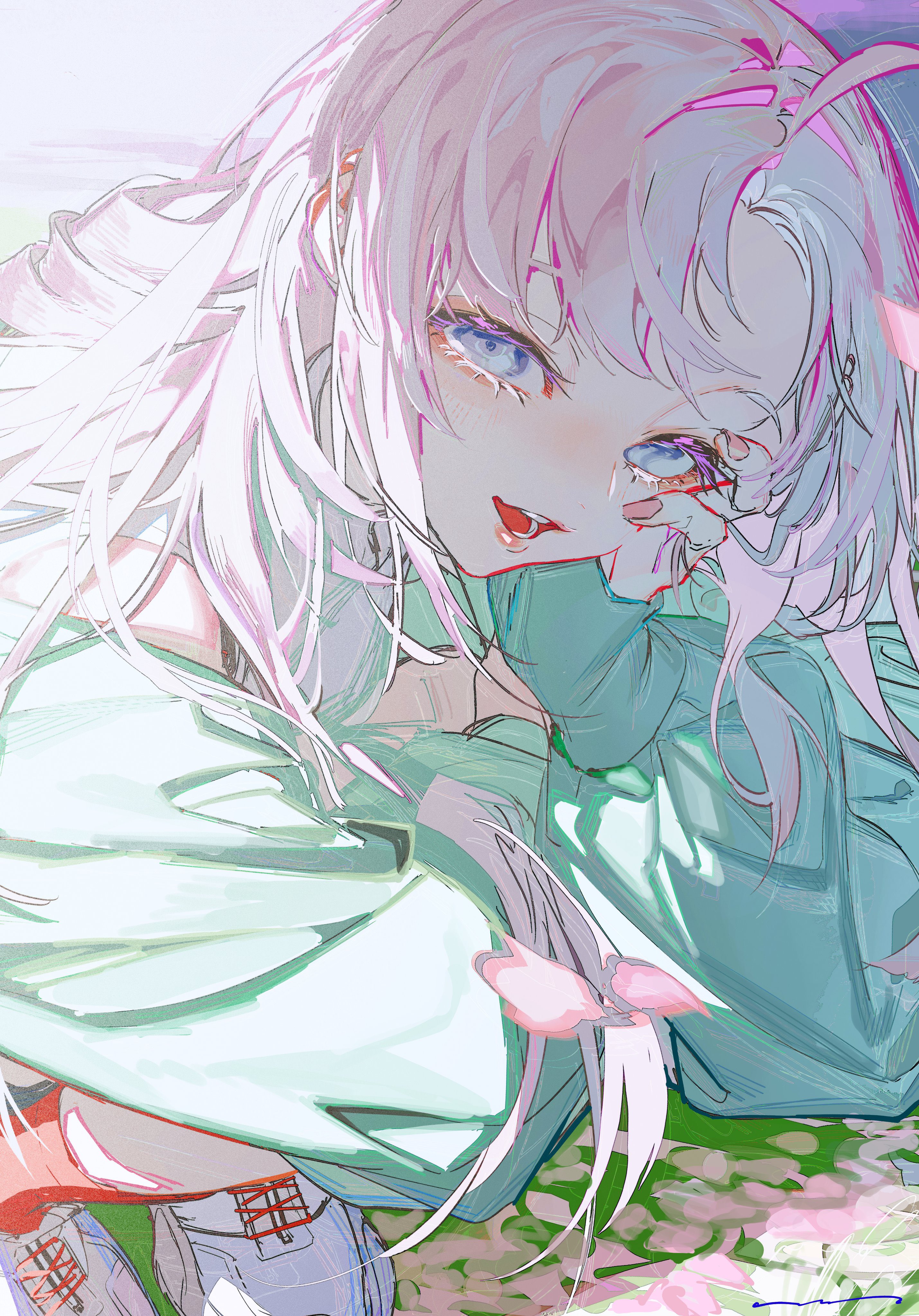 a digital art illustration of a pink haired anime girl wearing a green jacket and white shirt. her hair flows over her shoulders and her face is visible. she looks like she's crying and is sad. she looks very beautiful and cute.
