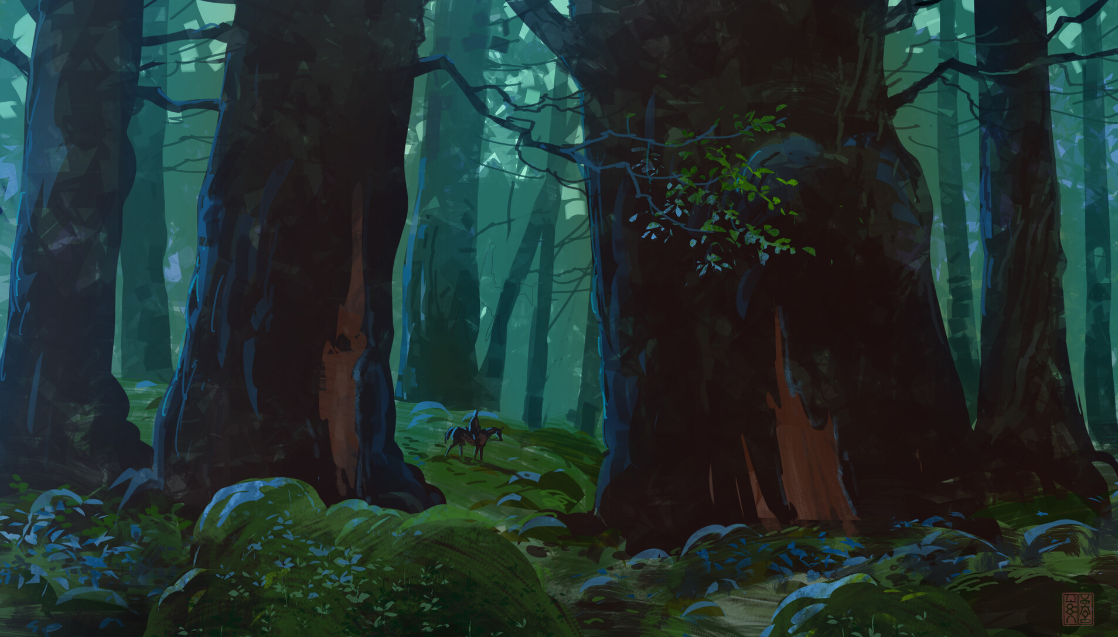 a lone rider on horseback makes their way through a dense, shadowy forest. the path is barely visible amidst the towering trees and mosscovered rocks. the lighting is subdued, creating a sense of mystery and intrigue.