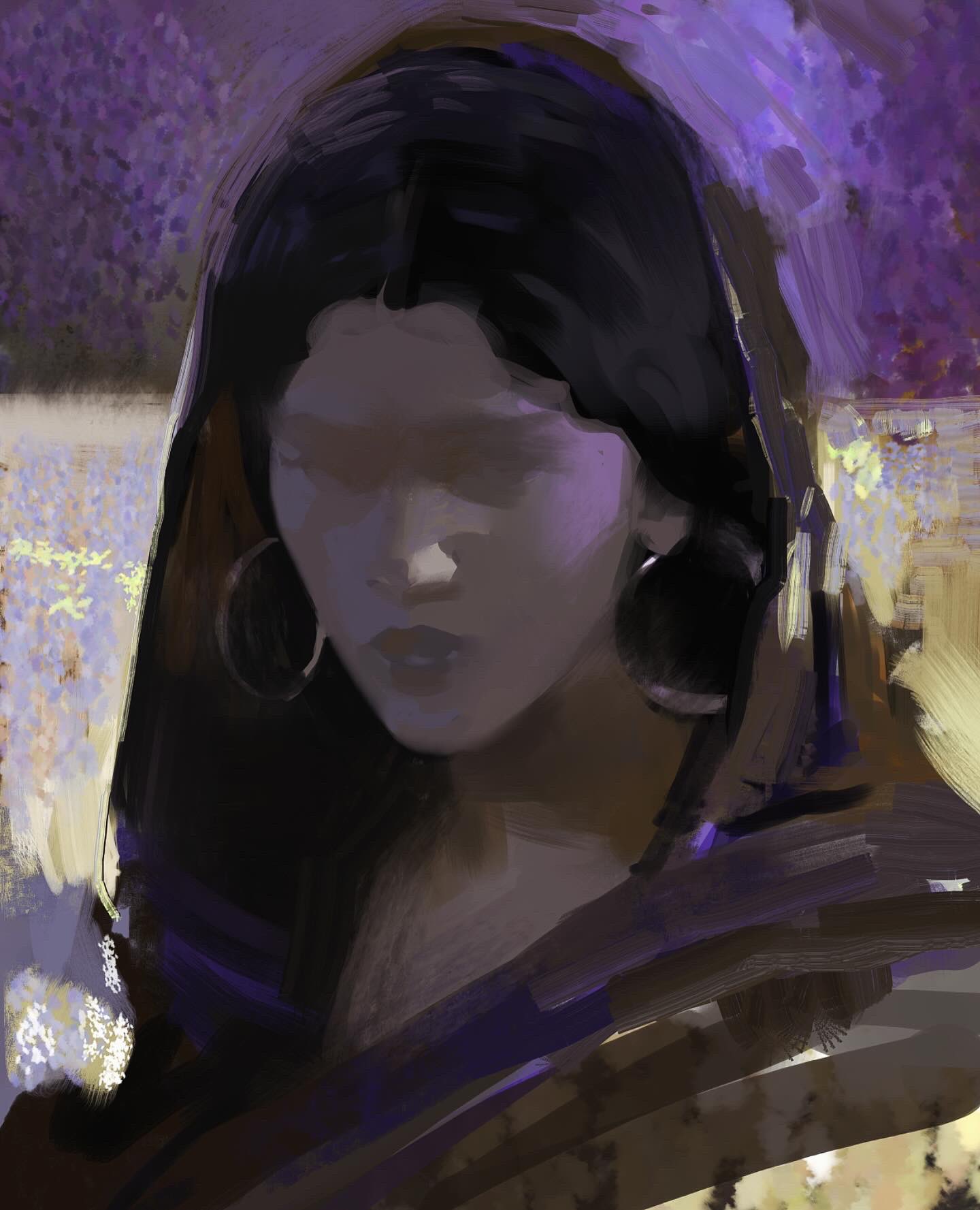 the painting features a closeup portrait of a woman with long dark hair, wearing a purple scarf or shawl. her face is partially obscured by shadow, but her eyes, nose, and lips are visible, giving her a mysterious and thoughtful expression. the painting is done in a loose and impressionistic style, with visible brushstrokes and a limited color palette of purple, blue, brown, and black. the lighting is soft and diffused, creating a sense of intimacy and mystery.