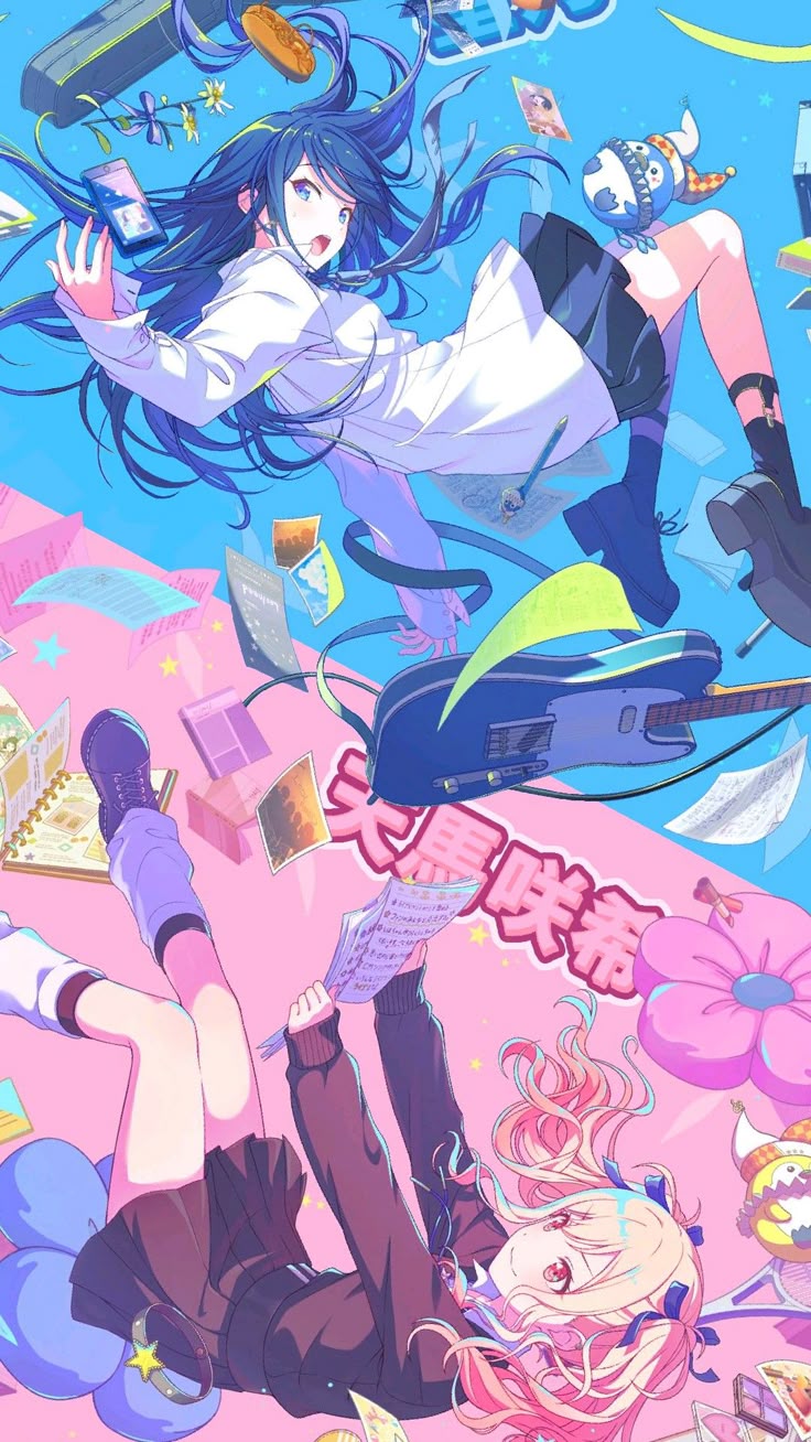 a colorful animestyle illustration featuring two girls floating amidst various objects. one girl has long, flowing blue hair and wears a white shirt. the other girl has blonde and pink hair and is wearing a dark school uniform. they are surrounded by musical notes, a guitar, school supplies, and other items against a backdrop of pink and blue hues.