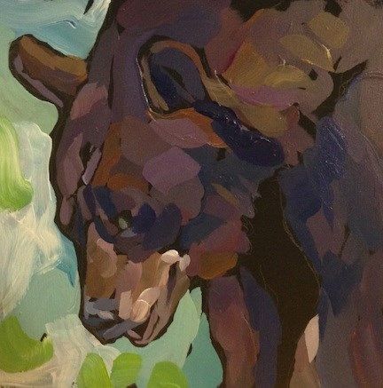 the image is a closeup, expressive painting of a black bear's head and shoulders. the style is semiabstract or impressionistic, with visible brushstrokes and a loose handling of paint.  the color palette is predominantly dark, using shades of purple, brown, and teal, with accents of green in the background. the background is blurry and suggests a natural environment. the bear is rendered in a side profile, and its features are suggestive rather than highly detailed.  the texture of the paint is evident, contributing to the overall feel of the artwork.