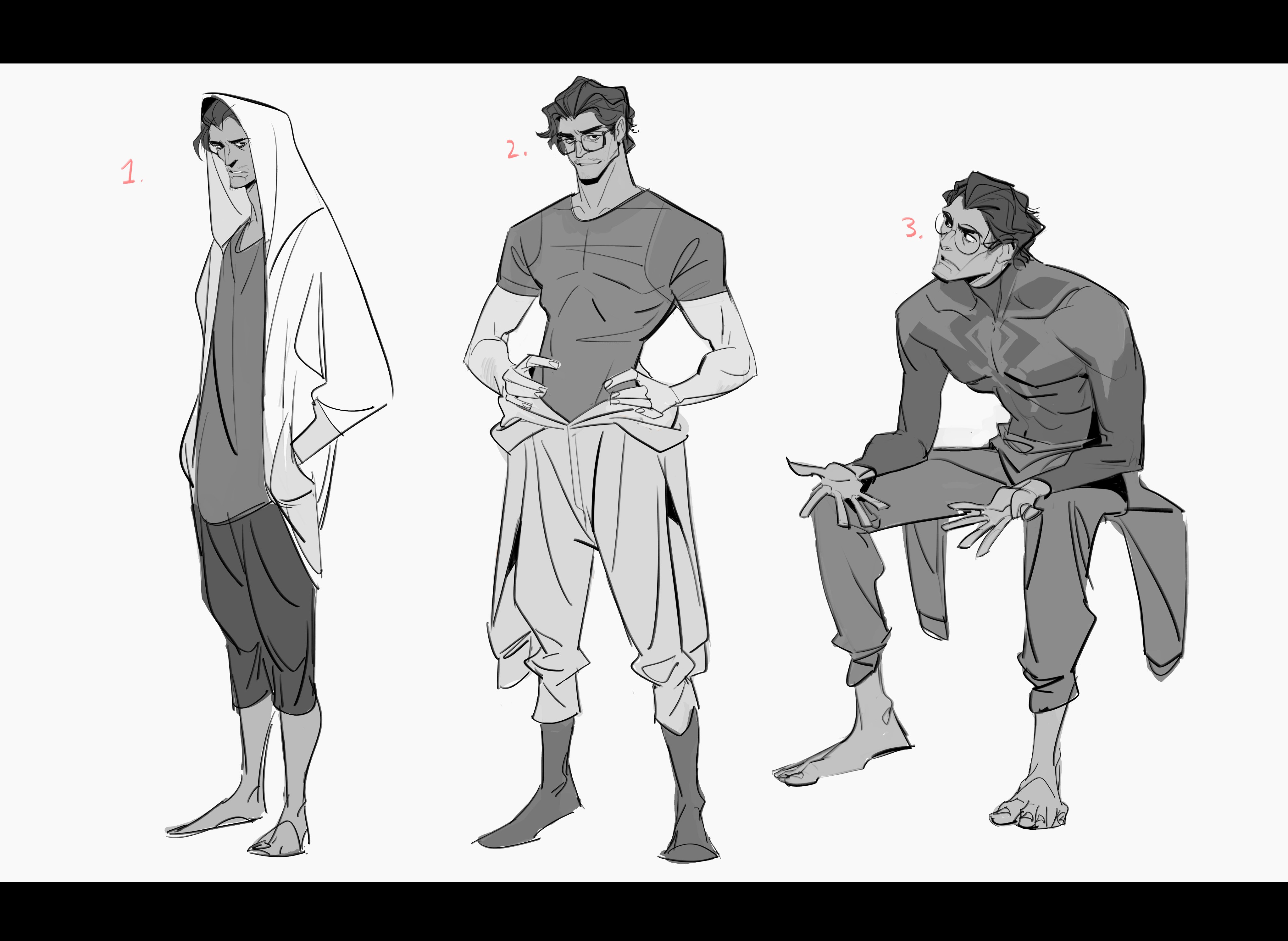 the image contains three grayscale sketches of a male character in different poses and outfits.  each character is numbered (1, 2, and 3).  sketch 1 depicts a character in a hooded jacket and loose pants. sketch 2 shows the character in a fitted shirt and loose pants. sketch 3 features the character seated, wearing different pants and what seems to be a loose top or robe.  the art style leans toward anime/manga with a focus on expressive linework and character design exploration. the sketches show different stylistic choices for clothing and posture to present various character options.