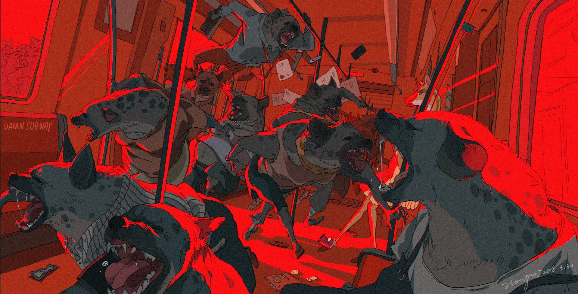 a redtoned illustration depicts a subway car filled with cartoon hyenas, each with menacing open mouths and sharp teeth, making their way through the car in a chaotic manner. they are illuminated by bright red light, and their appearance is very aggressive and menacing, suggesting an aggressive, predatory nature. the title, "damn subway," reinforces the theme of urban chaos and tension, while the use of bold colors and dynamic lines contributes to a thrilling and intense atmosphere.