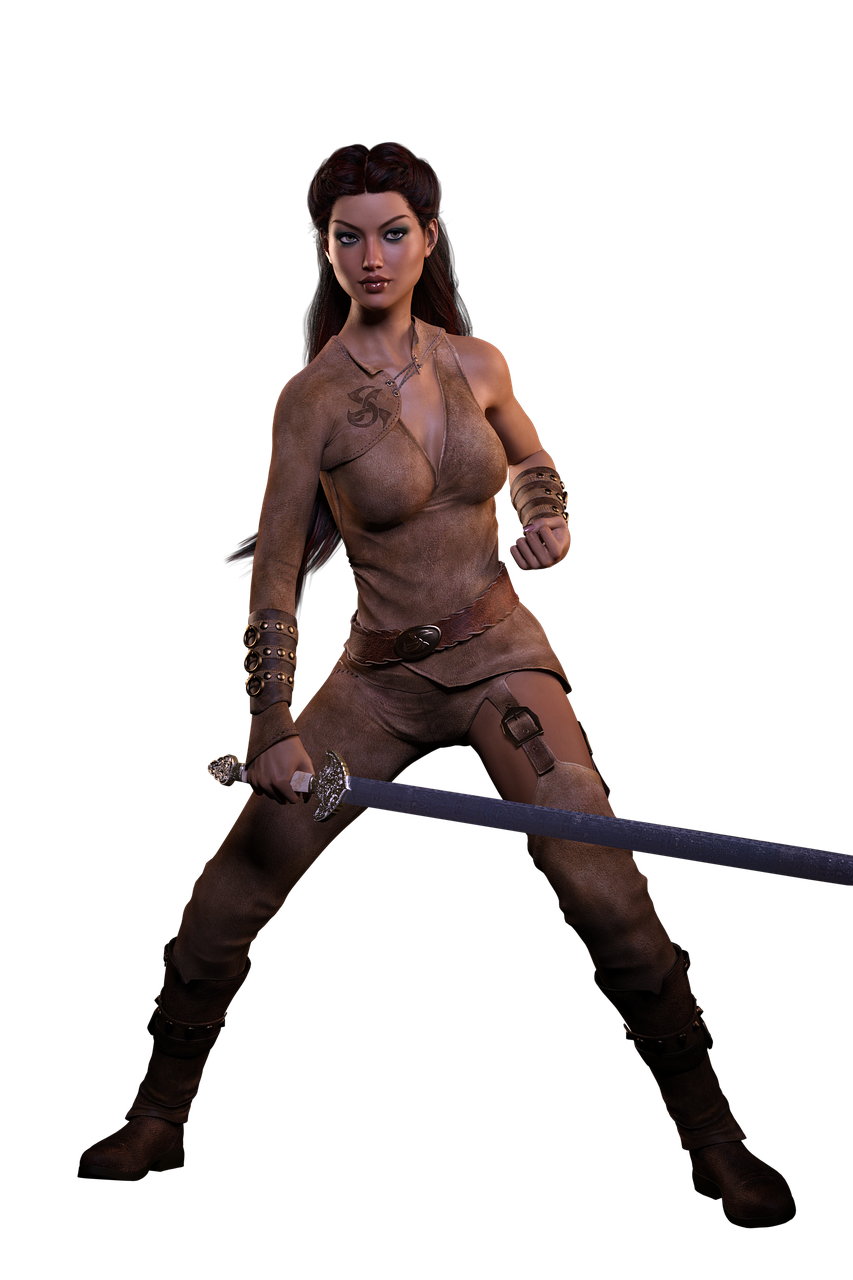 a warrior woman with brown hair and wearing brown armor stands against a dark background, holding a sword in her hands. she has a tattoo on her shoulder and appears ready for battle.