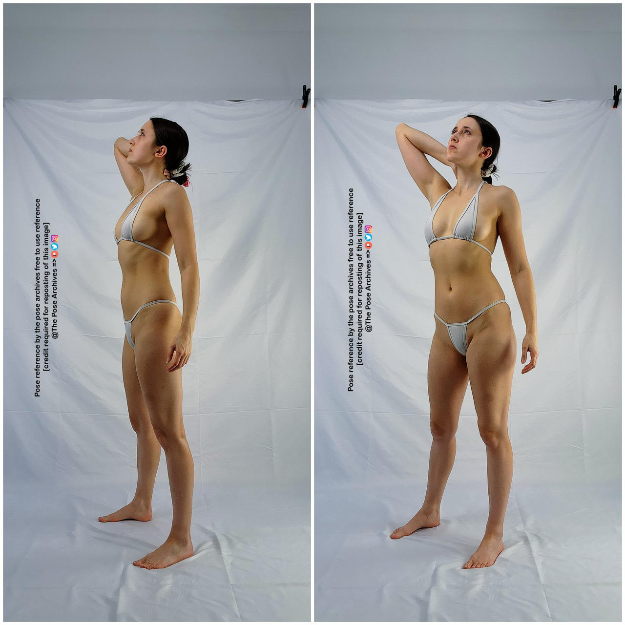 this is a reference image of a woman in a white bikini. she's standing with her weight slightly on her left leg and her right arm raised, her hand resting on the back of her head. she's looking upwards, her expression neutral. the background is a plain white wall and the lighting is soft and natural, creating a bright and airy feel.