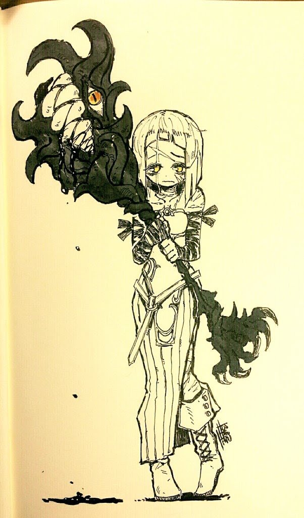 a hand drawn image of a girl with a mysterious creature in the form of a sword. the girl is drawn in an anime style and is holding the creature, which has black, scaly, and spiky skin. the creature is holding her and wraps around her arm and waist.  the drawing is done in black ink on what appears to be a page from a notebook.