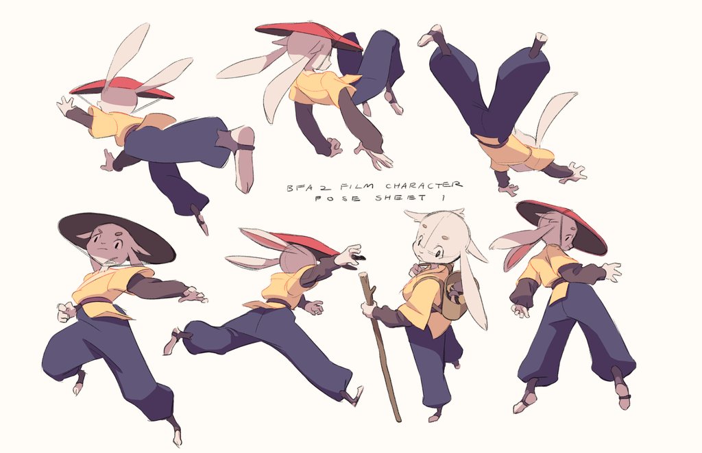this is a character design pose sheet for an animated character. the character is a cute rabbit wearing a yellow shirt, blue pants, and a red hat. they are shown in a variety of poses, including running, jumping, and holding a staff. the poses are dynamic and expressive, giving viewers an insight into the character's personality and capabilities. the character's design is wellcrafted and engaging, drawing viewers in with its charm.  the image is a testament to the artist's skill and creativity, showcasing their ability to bring characters to life through their art.