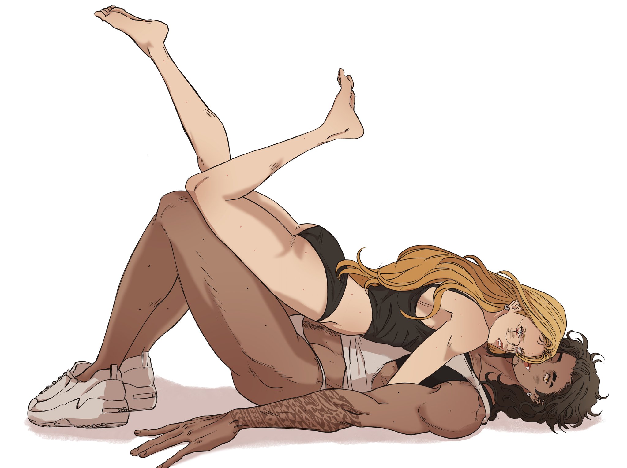 an illustration depicts a fairskinned blonde woman lying atop a darkskinned man. both are wearing sportswear. the man is lying on his back with white sneakers on. the woman lies on top of him with one leg raised in the air, her bare foot visible. they are embracing in an intimate pose. the man has visible tattoos on his arm.