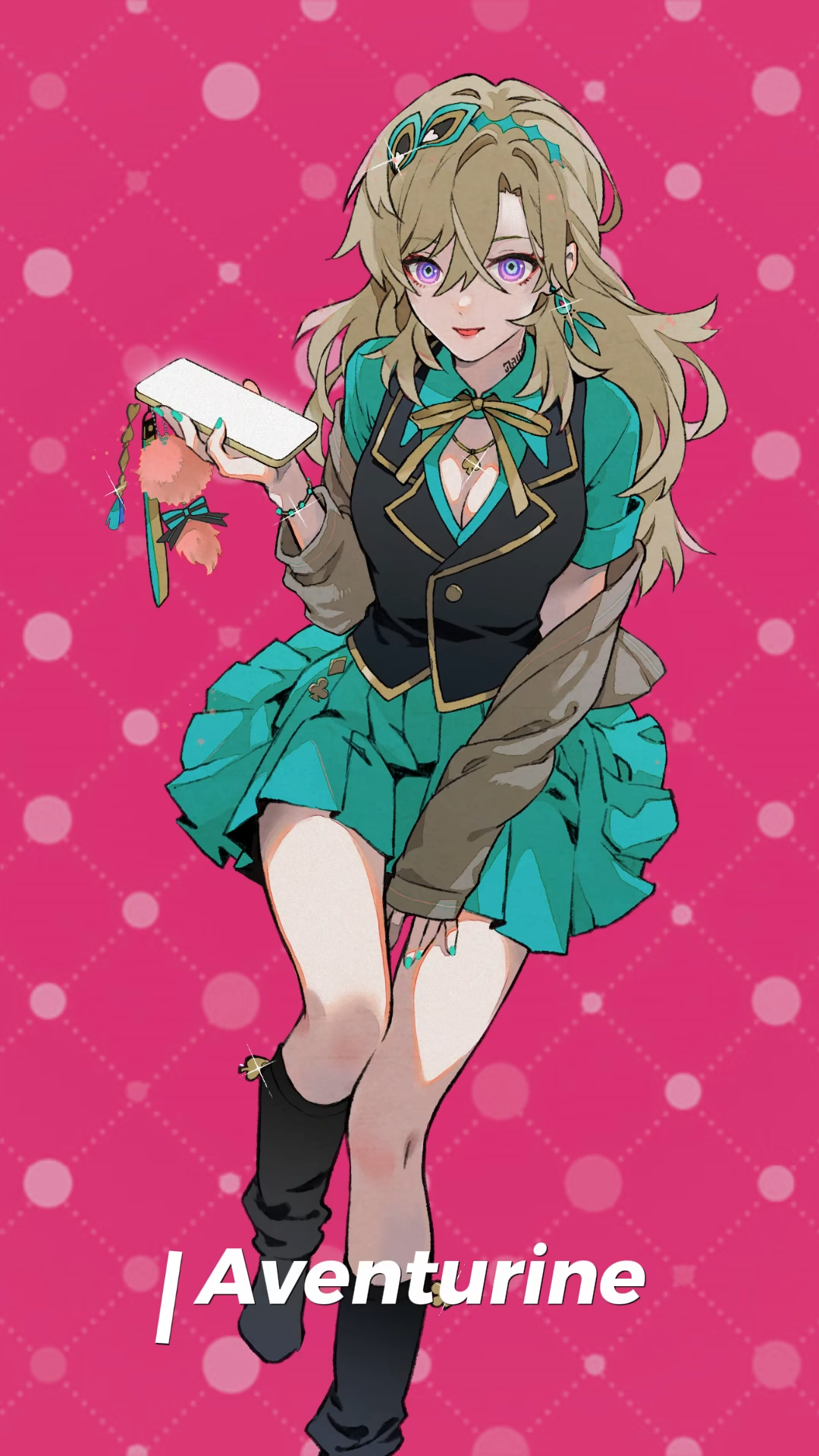 the image is a digital illustration of an animestyle girl named aventurine. she has long blonde hair, purple eyes, and is wearing teal skirt, a black vest, and brown jacket. she's holding a phone and has various accessories. the background is pink with a dotted pattern. the overall style is cute and stylish.